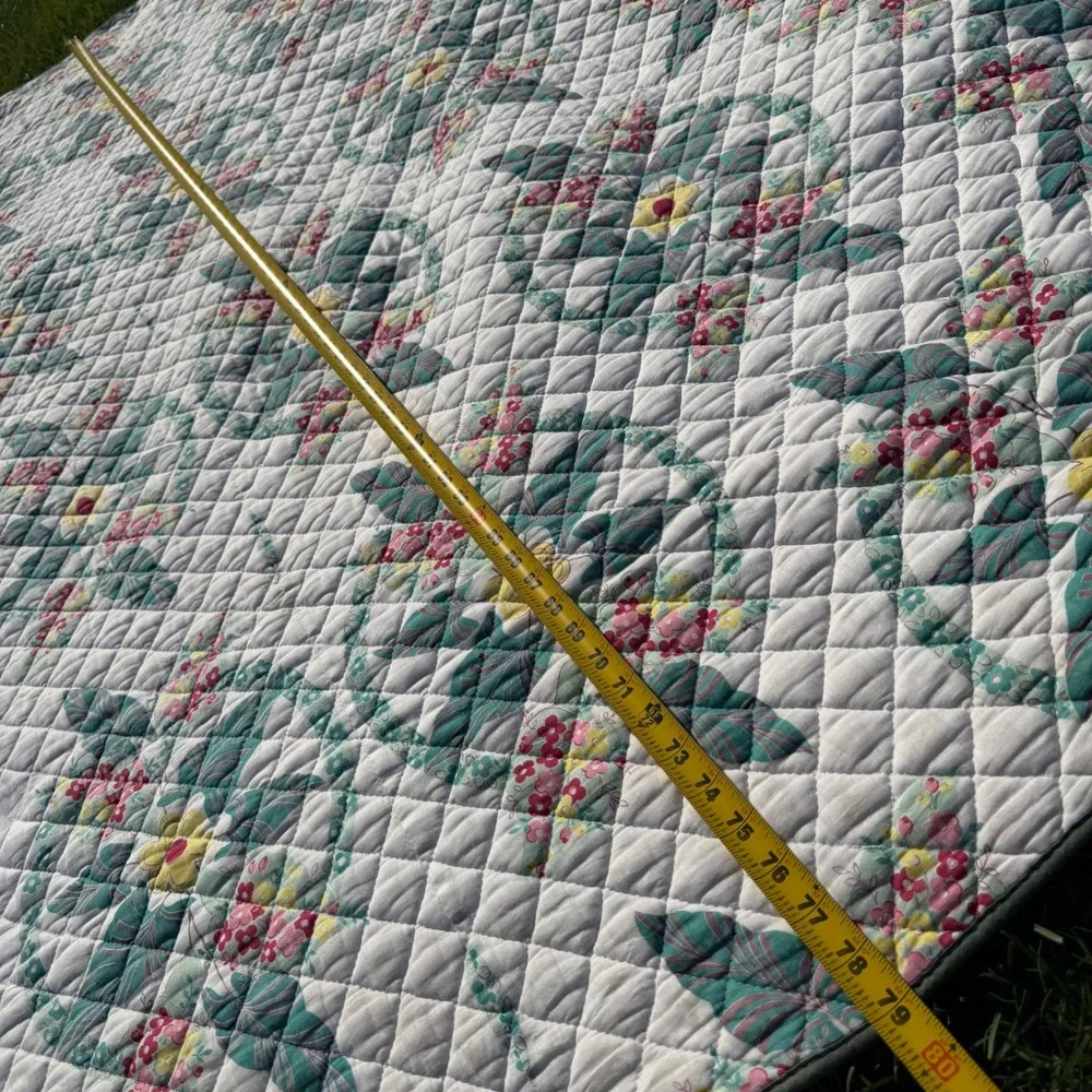 Columbia Ideal Quilting Co Floral Bedspread Teal Pink Yellow Quilted 80x70 B+